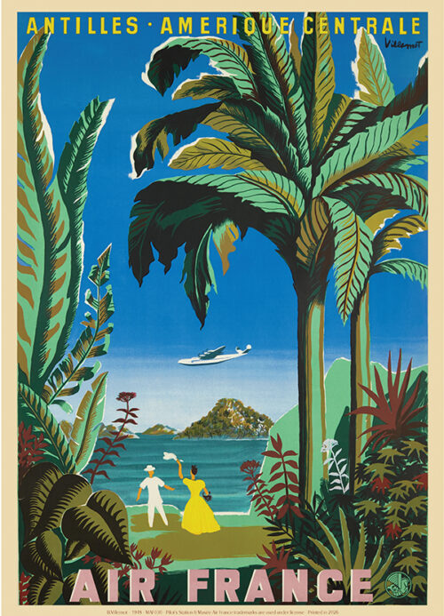 Affiche Air France Antilles Amérique Centrale, B.Villemot 1948, 50x70cm Offset