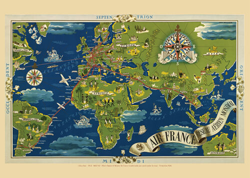 Affiche Air France Planisphère bleu, Lucien Boucher 1937, 50x70cm Offset